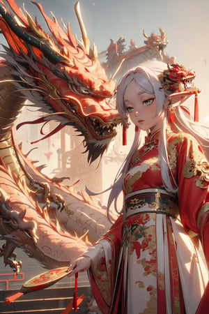 1woman, mature, grey_hair, loose hair, elf, pointy_ears, long_hair, green_eyes, small_breasts, earrings, red_earrings, 
red dress, chinese dress, dragon, china town, celebration, chinese new year, taut-dress,
 dragon in the background,
upper body, (chinese-dragon:1.5)
(establishing-shot:1.5)
