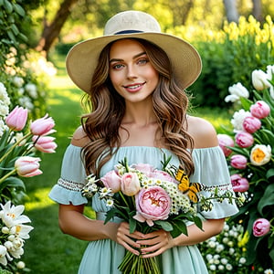 (best quality,4k,8k,highres,masterpiece:1.2),ultra-detailed,(realistic,photorealistic,photo-realistic:1.37),medium:oil painting,1girl,colorful flowers,garden setting,natural lighting,blooming flowers,green foliage,beautiful detailed eyes,beautiful detailed lips,natural makeup,gently smiling face,brown wavy hair,floral patterned hat,delicate hands with long fingers,flowing elegant dress,holding a meticulously arranged bouquet of various flowers,freshly picked roses,tulips,lilies,peonies,daisies,hydrangeas,exquisite details on each flower petals,soft and vibrant colors,subtle shadows and highlights,gentle breeze caressing the flowers,full of life and energy,charming and confident expression,a bee hovering around the bouquet,classical and elegant atmosphere,more detail XL