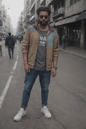 Beard man, Cinematic color grading,  Shorton ((((face correction )))Sony a7iii, perfect eyes, face corruption, angry modern hairstyle, sunglass))(( brown skin)) Realistic photo of AM standing on a street Wearing a a sweter, cyberpunk,(((man jacket,)))((( sunglasses, hair multicolor,))