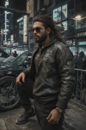 Angry man, in a war ,Shot on Sony a7iii, man, perfect lip,perfect sunglasse,(((29 yeas old, full size image,brown skin, hair tail,))) perfect face, outdoor,city background,portrait,(best quality,4k,8k,highres,masterpiece:1.2),ultra-detailed,(realistic,photorealistic,photo-realistic:1.37),professional,vivid colors,studio lighting,sharp focus,physically-based rendering,extreme detail description,portraits,urban,modern,crowded,nighttime atmosphere,warm color tones,dynamic perspective,reflection,busy streets,tall buildings,streetlights,illuminated windows, bustling city life,confident expression,fashionable attire,dynamic pose,beard,stubble, trendy haircut,clear (((sunglass))),well-defined perfectface,cheekbones,shadow play,jawline,cityscape,luxurious atmosphere,window displays,trendy neighborhood,artistic flair,photography-full size, sunglasses,esque,bokeh,street art,metro station,motion blur,skyscrapers,city lights.,Beard man ,30 year old man,Beard city,CyberpunkWorld,15 yo boy pulling back man bun, attitude, (((full view,))) full body corruption,