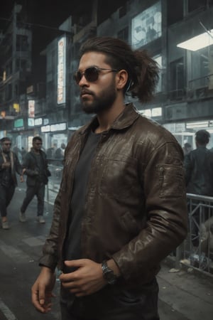 Angry man, in a war ,Shot on Sony a7iii, man, perfect lip,perfect sunglasse,(((29 yeas old, full size image,brown skin, hair tail,))) perfect face, outdoor,city background,portrait,(best quality,4k,8k,highres,masterpiece:1.2),ultra-detailed,(realistic,photorealistic,photo-realistic:1.37),professional,vivid colors,studio lighting,sharp focus,physically-based rendering,extreme detail description,portraits,urban,modern,crowded,nighttime atmosphere,warm color tones,dynamic perspective,reflection,busy streets,tall buildings,streetlights,illuminated windows, bustling city life,confident expression,fashionable attire,dynamic pose,beard,stubble, trendy haircut,clear (((sunglass))),well-defined perfectface,cheekbones,shadow play,jawline,cityscape,luxurious atmosphere,window displays,trendy neighborhood,artistic flair,photography-full size, sunglasses,esque,bokeh,street art,metro station,motion blur,skyscrapers,city lights.,Beard man ,30 year old man,Beard city,CyberpunkWorld,15 yo boy pulling back man bun, attitude, (((full view,)))