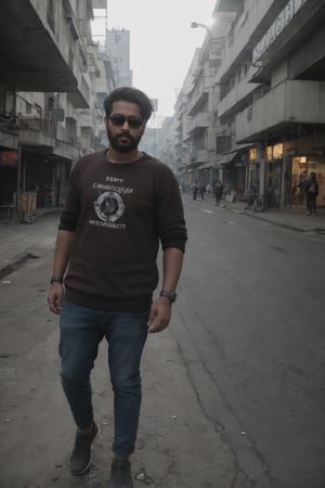 Beard man, Cinematic color grading,  Shorton ((((face correction )))Sony a7iii, perfect eyes, ((black sunglass))(( brown skin)) Realistic photo of AM standing on a street Wearing a a sweter, cyberpunk,