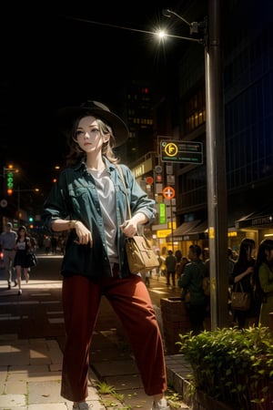 vibrant colors, female, masterpiece, sharp focus, best quality, depth of field, cinematic lighting, ((solo, one woman )), (illustration, 8k CG, extremely detailed), masterpiece, ultra-detailed, **Title:** "Ruby Vivacity in the Metropolis"

The portrayed figure embodies ruby ​​vivacity amidst the urban bustle, with her short, curly hair catching the eye in a fiery cherry red. The emerald green eyes, deep and magnetic, convey an inner strength and an indomitable spirit.

The casual look consists of an oversized denim shirt that elegantly skims black leggings, creating a balance between comfort and style. The white sneakers add a sporty touch, underlining the dynamism of the figure in the metropolitan context.

The wide-brimmed hat, worn casually, gives the ensemble a touch of individuality and protection from the city sun. The backdrop depicts a metropolis pulsating with life, with skyscrapers reaching into the sky and lights reflecting off the crowded streets. The figure stands out in the crowd, radiating a contagious energy that celebrates the uniqueness of those who dare to be different in the frenetic modernity of the city.