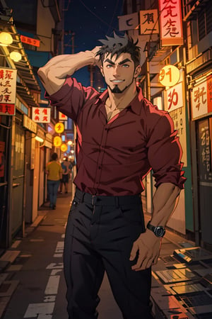 (1 image only), solo male, Jay Chiang, Great Pretender Razbliuto, Asian, Taiwanese, modern Taipei city, night cityscape, Taipei 101, 2d, anime, flat, black hair, short hair, high fade, goatee, thick eyebrows, (brown eyes), (pure red collared shirt, red sleeves rolled up:1.2) black pants, socks, leather shoes, smile, 1 hand behind head, mature, handsome, charming, alluring, standing, upper body, perfect anatomy, perfect proportions, (best quality, masterpiece), (perfect eyes:1.2), perfect hands, high_resolution, dutch angle, cowboy shot, ,metal steel building