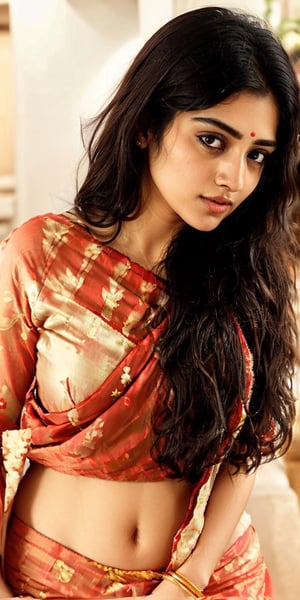 Lovely cute young attractive South indian girl, brown eyes, gorgeous actress, 23 years old, cute, an model, long blonde_hair, colorful hair, wearing beautifully drapped Silk Saree, wearing gold jwellery. and flowers in her Hairs. facing towards camera