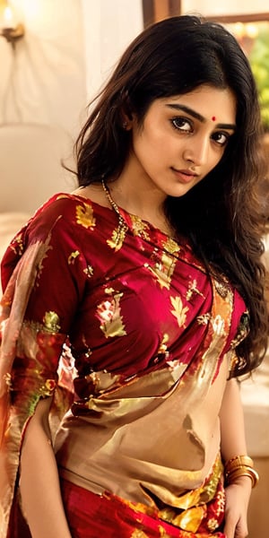 Lovely cute young attractive South indian girl, brown eyes, gorgeous actress, 23 years old, cute, an model, long blonde_hair, colorful hair, wearing beautifully drapped Silk Saree, wearing gold jwellery. and flowers in her Hairs. facing towards camera