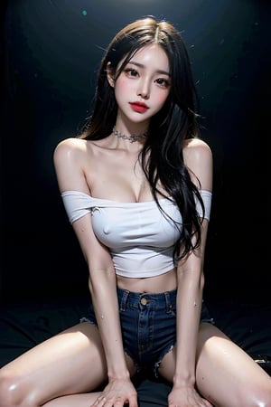 masterpiece, best quality, (realistic:1.2), (intricate details:1.2), (perfect anatomy), 
(a beautiful sexy supermodel), Korean idol, 20 years old, pale skin, (detailed skin:1.2), (glossy eyes), (glossy lips), (shiny eyes), (shiny lips), Detailedface, long eyelashes, short body, ultra thin waist, nice legs and hot body, Sexy Pose, high_heels,
white skinny T-shirt, low-cut top, tube top, off-the-shoulder, convex, medium breasts, denim micro shorts with worn edges, (very small tight shorts), (hot pants), (no panties), gorin, (open fly:1.2), (unbutton), camel hoof, black choker, (thigh strap), big earrings, black hair, very_long_hair, full lips, 
soft skin, natural skin texture, (wet shiny skin), sweat, feminine fine muscles, 
female ejaculation, squirting(sex),
smiling, looking at viewer with obvious sexual interest, Eyeshadow, ((orgasm)), (climax face), (tears:1.2), (shy look), she is shame, doing seductive expressions at viewer, blush, (frown), wear a troubled look, drool, saliva loudly,
In a chaotic, cyberpunk background, nightclub style, magical party style, (ugly people in the neon fog around stage).