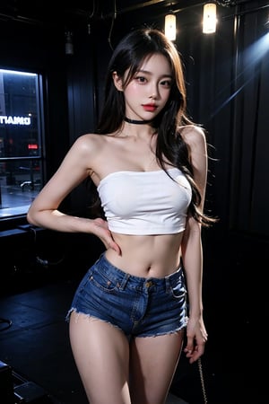 masterpiece, best quality, (realistic:1.2), (intricate details:1.2), (perfect anatomy), 
(a beautiful sexy supermodel), Korean idol, 20 years old, pale skin, (detailed skin:1.2), (glossy eyes), (glossy lips), (shiny eyes), (shiny lips), Detailedface, long eyelashes, short body, ultra thin waist, nice legs and hot body, Sexy Pose,
white skinny T-shirt, low-cut top, tube top, off-the-shoulder, convex, medium breasts, denim micro shorts with worn edges, very small tight shorts, hot pants, camel hoof, black choker, thigh strap, earrings, black hair, very_long_hair, full lips, ogle, looking at viewer with obvious sexual interest, Eyeshadow, 
In a chaotic, cyberpunk background, nightclub style, magical party style, (ugly people in the neon fog around stage).