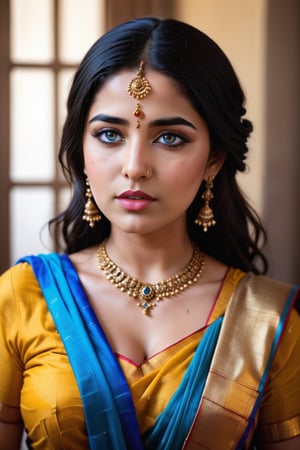 1girl, solo, breasts, looking at viewer, blue eyes, black hair, blue and yellow saree, dress, jewelry, closed mouth, upper body, braid, earrings, necklace, mole, lips, eyelashes, makeup, realistic, nose,photorealistic,Indian,aesthetic portrait,glitter,p3rfect boobs, breast visible, (nipple visible) , (breast exposed,) (nipple hard), boobs visible, no bra , 