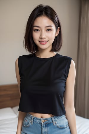 (8k,  best quality,  masterpiece,  ultra high res,  highly detail face:1.3),  portrait,  (20 years old girl:1.3),  beautiful,  kawaii,  (very wide shot :1.2),  (short hair :1.3),  dark hair,  ((bob)),  clothes,  from front,  (smile :1.2), sweat ,  (morning:1.3), on the bed,  jmf,  jml, 