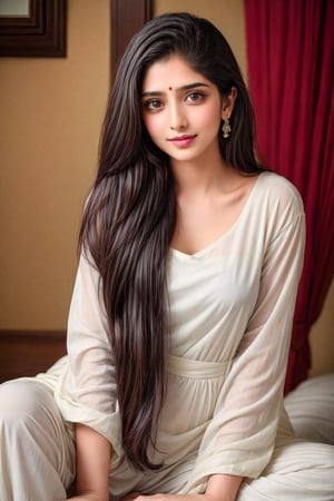 beautiful cute young attractive indian, more realstik, village girl, 18 years old, cute, Instagram model, long black_hair, colorful hair, warm, dacing, seating in room on the bad, indian, wearing white salwar kameez