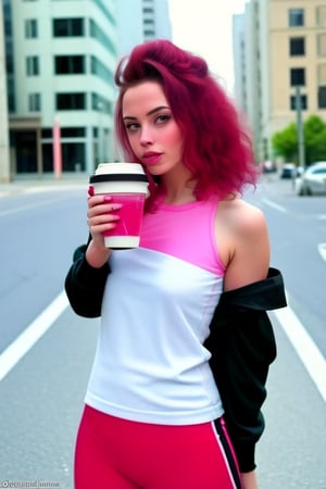 hyper realistic woman with dark red hair drinking coffee in an urban landscape in sportswear very close to the body, flat American photography style,<lora:659111690174031528:1.0>