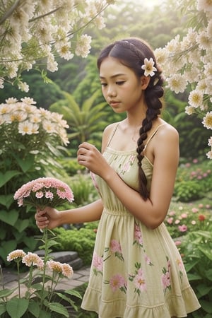 beautiful indonesian girl, right hand holding flowers in a beautiful garden. medium body, proportional anatomy, wear short sundress, braided hair, background greeneries. 

professisonal photo, soft light, washed photo.