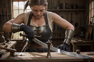 long shot of female blacksmith on her workshop. checking the sword she made. ponytail, medieval setting. cinematic.