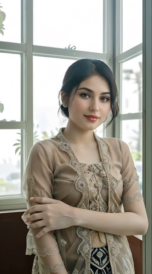 indonesian girl poses against the windows. look to the to the windows. wear kebaya. lights come frome sides. natural make up. beuty shot, soothing 