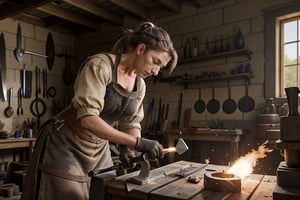 long shot of female blacksmith on her workshop. hammering a blade. ponytail, medieval setting. cinematic.