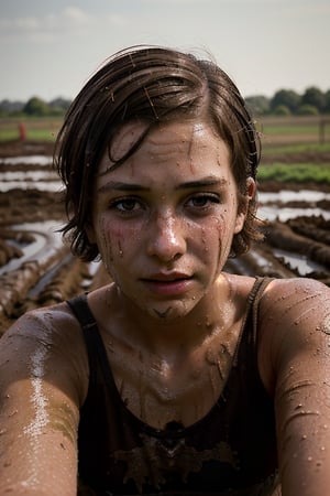 pretty girl, covered in mud, short hair. brown hair. dirty, muddy, sweaty, sports photography. long shot