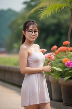 full body shot of Thailand women enjoying sunlight in thin sundress oval face, small plump lip, round sharp eye, fair skin, blushed cheek, ponytail with bang, mole under right eye, medium body, medium breast, wear eyeglasses. sweating, shiny body, holding flower