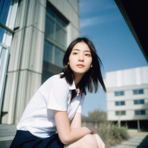 School life of japanese student in future world with floating buildings in sky seen through the lens of a minimalist Japanese photography style, focusing on girl, 18 years old, short hair, white short sleeve shirt with black skirt and white socks focus on activities in school playgrounds , in bright clear lighting ,analog photography ,2.0,Mizuki_Lin,asian girl,film grain