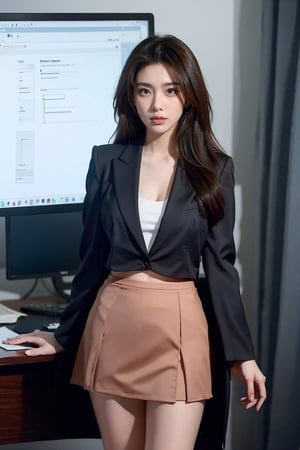 Transitioning into a business office suit, she exudes professionalism and sophistication. Opting for a tailored suit that fits her curves impeccably, she commands attention with her confident demeanor. The blazer hugs her figure, subtly accentuating her massive breasts and narrow waist,  Despite the conservative nature of the attire, there's an undeniable allure to her presence as she carries herself with confidence and poise. With each step, she exudes an air of authority and sophistication, commanding attention in the boardroom with her magnetic presence. In her business office suit, she becomes a captivating embodiment of empowerment, embracing her femininity while excelling in her professional pursuits with unwavering confidence and grace.,BreastPit,no_bra,(no_skirt:1.5),Chingmy Yau Suk-ching 2.0