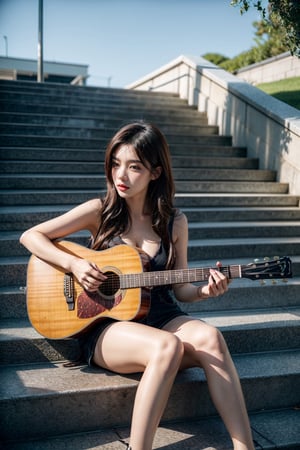 a woman sitting on steps holding a guitar, an album cover by Lü Ji, trending on cg society, neo-romanticism, anime aesthetic, lovely, medium breast, enchanting
  ,3D , 8k
photorealistic