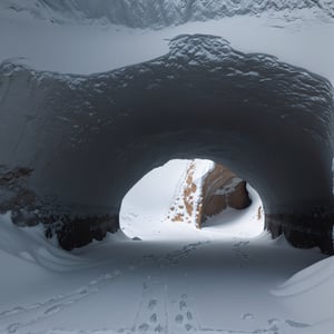 a frozen cave in middle of a snow desert, 4k, soft, dark ambience