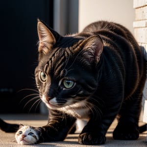 highres,ultra-detailed,realistic,photorealistic:1.37,kitten,black and white cat,playful,curious expression,mischievous,fluffy fur,captivating eyes,pouncing on a toy mouse,shadows and highlights,vivid colors,studio lighting