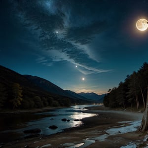 A night sky with a bright full moon shining down on a vast river