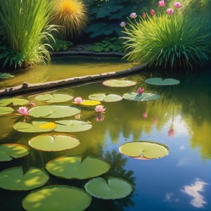 best quality,4k,8k,highres,masterpiece:1.2,ultra-detailed,realistic,photorealistic:1.37,impressionistic,water lilies,soft brushstrokes,vibrant colors,sunlight reflections,rippling water,lush greenery,gentle ripples,floating flowers,subtle textures,peaceful atmosphere,impressionist style,light and shadow contrast,fleeting moments,dappled light,serene garden setting,color harmony,graceful brushwork,ethereal beauty,emotional depth,sensual strokes,visual poetry,impression of nature,splashes of color,visible brush strokes,layered textures,transient effects,reflective pond,blurred edges,sublime tranquility