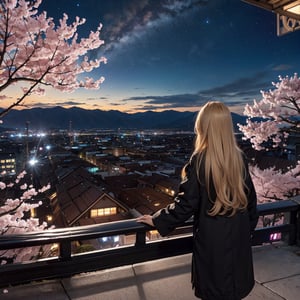 １people々々々々,blonde long hair,long coat,silhouette, Rear view,space sky, milky way, anime style, cherry blossoms,夜cherry blossoms,Cherry blossoms fluttering all around,Night view of the city from the mountainside,