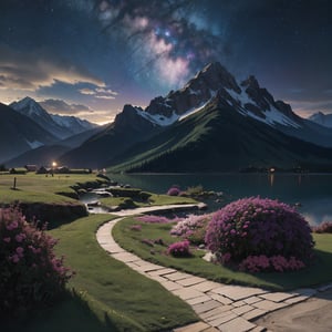 starry night landscape with lake and mountains, 4k highly detailed digital art, jen bartel, 8k high quality detailed art, dan mumford and albert bierstadt, highly detailed digital painting, 4k detailed digital art, 8k stunning artwork, dan mumford and thomas kinkade, anton fadeev and dan mumford, detailed painting 4 k, impressive fantasy landscape