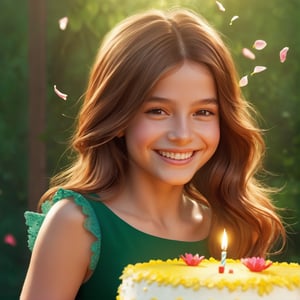 a detailed celebration of a year, 1girl, smiling, happy expression, long brown hair, green dress, holding birthday cake, flower petals falling, sunlight, warm colors, (best quality,4k,8k,highres,masterpiece:1.2),ultra-detailed,(realistic,photorealistic,photo-realistic:1.37),intricate details,dramatic lighting,vibrant colors,fantasy style