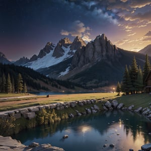 starry night landscape with lake and mountains, 4k highly detailed digital art, jen bartel, 8k high quality detailed art, dan mumford and albert bierstadt, highly detailed digital painting, 4k detailed digital art, 8k stunning artwork, dan mumford and thomas kinkade, anton fadeev and dan mumford, detailed painting 4 k, impressive fantasy landscape