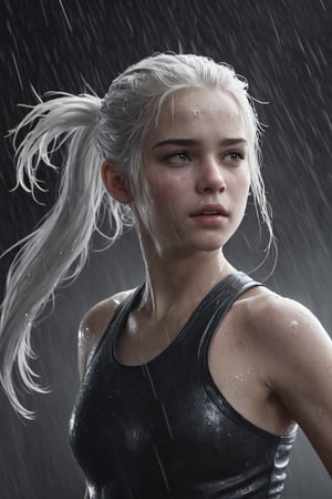 An fighter, little girl 10 Yo, white hair, long hair, ponytail, white skin, very very wet rain, very very small tits, stormy  weather, snowing, leading, night, in front of hell, Detailed, with light reflection, Storming ، movie, battle, action_pose, many particles, dramatic, hyper-realistic, award-winning, 8k, full body,