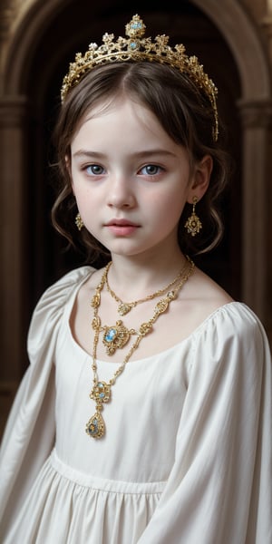 Little girl, 9 yo, white skin, Beautiful, face, 8K, HDR, Masterpiece, Hyperrealistic, portrit of a little girl with perfect body, detailed face, sweet,  in a medieval town, beautiful, REALISTIC, necklace, earring, queen crown,