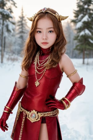 Little Korean girl, 10 yo, white skin, warrior, (((little girl))),Beautiful, face, 8K, HDR, Masterpiece, Hyperrealistic, portrit of a little girl with perfect body, detailed face, sweet,  in a medieval town, beautiful, REALISTIC, necklace, earring, gladiator helmet, angry, action_pose, pendant, blue sapphire, blue eyes, diamond, dynamic_pose, gold, red hair, red gold, bracelet, armlet, body chain, armor shoulder, muscle, full jewelery glamour, on the snow, little girl, 10 yo, Ironman,