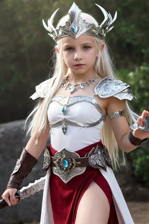 An fighter, little girl, 9 yo,  white skin, white hair, long hair, Tiny tits,  queen crown,  belt,  pendant,  bracelet,  earring,  necklace,  choker,  armlet,  anklet,  body chain,  diamond headband,  piercing,  armor shoulder,  doing spell, while dragon protecting her, high definition 8k, queen clothes,