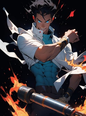 Beautiful 20 year old man\\, glowing blue eyes:1.4, ((black hair)), intricate eye details, muscular build, A young man holding a big Cone Drill Machine, Fire Magic background,smile face, dark background,Tengen Toppa Gurren Lagann, a giant Cone Drill vehicle