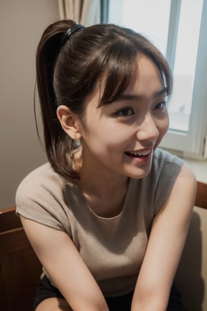 (8k, RAW photo, best quality, masterpiece:1.2), (realistic, photo-realistic:1.4), Taiwan Girl , ultra-detailed, perfect detail , 1girl, solo , black eyes , thin lips , laughing , day ,  beautiful  clothes , brown hair, short hair , ponytail hair ,  photorealistic , full body , full shot , lap , thin lap , make a pose , indoors