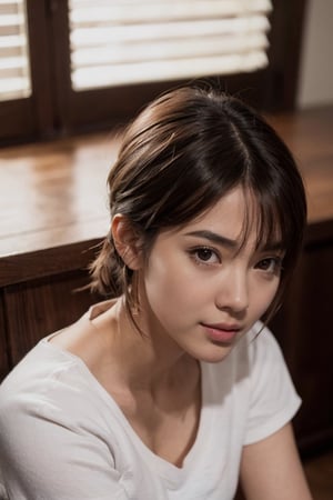 (8k, RAW photo, best quality, masterpiece:1.2), (realistic, photo-realistic:1.4), Taiwan Girl , ultra-detailed, perfect detail , 1girl, solo , black eyes , thin lips , closed lip smile, day ,  beautiful  clothes , brown hair, short hair , ponytail hair ,  photorealistic , indoors , full body , full shot , lap , thin lap , make a pose , indoors