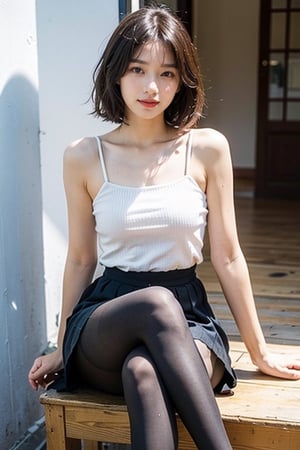 (8k, RAW photo, best quality, masterpiece:1.2), (realistic, photo-realistic:1.4), ultra-detailed, (Kpop idol),perfect detail ,  looking at each other ,make up, blouse , closed-lip smile , day , full body , from below ,  pleated skirt , black pantyhose , sitting_down, lace , crossed_legs, 
Off the shouldersr ,short hair , arm_support , photorealistic