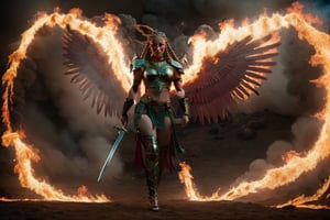 In a mystical realm where heaven and earth converge, one angelic warrior,. One female warrior, blond long Hip Cornrows Braids, adorned in celestial armor, wields a dual sword wreathed in crimson flames,photorealistic,depth of field  angel in hell, burning wings,  behind the devil defeated on the ground in pieces,