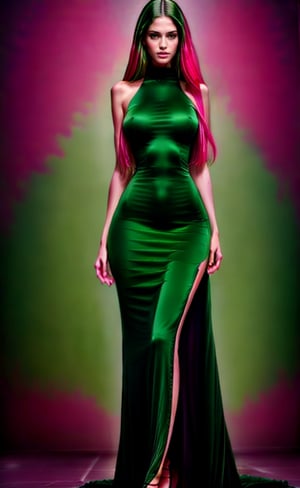 super realistic image, high quality uhd 8K, of 1 naked girl, detailed realistic ((slim body, high detailed)), (tall model), medium long black and green hair, high detailed realistic skin, (tight sexy pink long dress), real vivid colors, standing,bzsplit