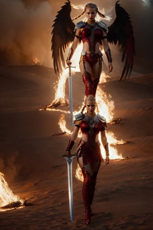 In a mystical realm where heaven and earth converge, one angelic warrior,. One female warrior, blond long Hip Cornrows Braids, adorned in celestial armor, wields a sword wreathed in crimson flames,photorealistic, angel in hell, burned  wings, 