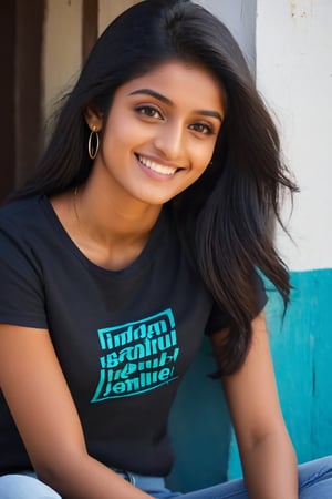 a slim,beautiful AND BOLD indian village girl, age 20 year, head to LEG portrait, long black and thick hair,indian GIRL style, wearing tshirts half jeans ,SMILE FACE,anya_chalotra,LOOKING FRONT OF CAMARA