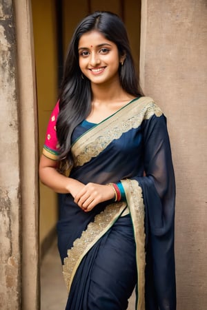a slim and beautiful indian girl, age 20 year, head to LEG portrait, long black and thick hair,indian GIRL style, wearing INDIAN SAARI,SMILE FACE,anya_chalotra