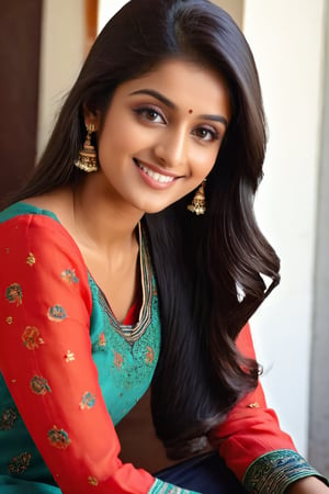 a slim,beautiful AND BOLD indian girl, age 20 year, head to LEG portrait, long black and thick hair,indian GIRL style, wearing INDIAN SLEEV LESS SALWAR KAMEEZ ,SMILE FACE,anya_chalotra,LOOKING FRONT OF CAMARA