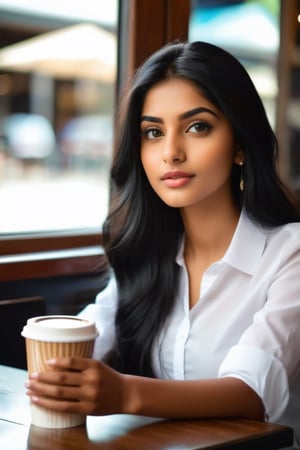 a slim and beautiful indian slim girl, age 18 year, head to thigh portrait, more long thick and black hair, wearing jeans and white shirts, ultra realistic look ,Beautiful Instagram Model,sitting in a coffe shop