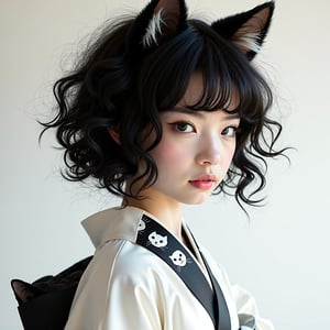 (full body portrait of a Japanese girl in the style of Conrad Roset, Nicola Samori), (shiny black curly hair, cat ears), (pure white kimono:1.6), (black, cat print:1.5), more detail XL