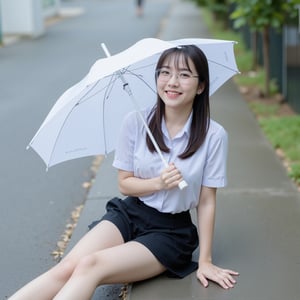 a young Asian woman is seated on a gray concrete sidewalk, holding a white umbrella in her right hand. She is wearing Thai high school uniform , and black shorts. Her hair is dark brown, and she's wearing a pair of eye glasses. The umbrella she is holding has a white handle, and the umbrella casts a shadow on the concrete sidewalk. The background is blurred, but it appears to be raining.,soft focus,white short sleeve shirt,black pleated skirt 